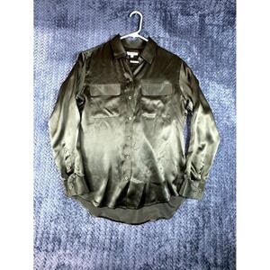 Equipment Femme Shirt Womens Small Green Silk Pleated High Low Hem Button Up